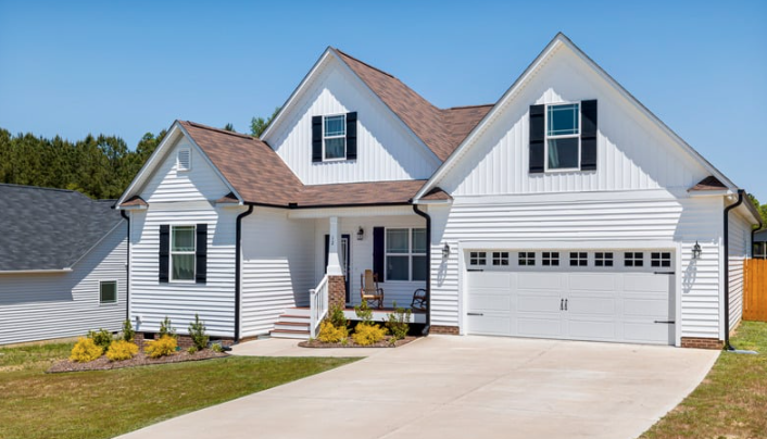 A clean, modern white house with dark brown shingles and black gutters along the roofline. The home features a double garage, a front porch with seating, and well-maintained landscaping. The word