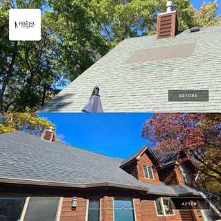 Before and after roof replacement in Chippewa Falls, Wisconsin with GAF Timberline HDZ roofing, new decking, chimney flashing, and rain diverter.
