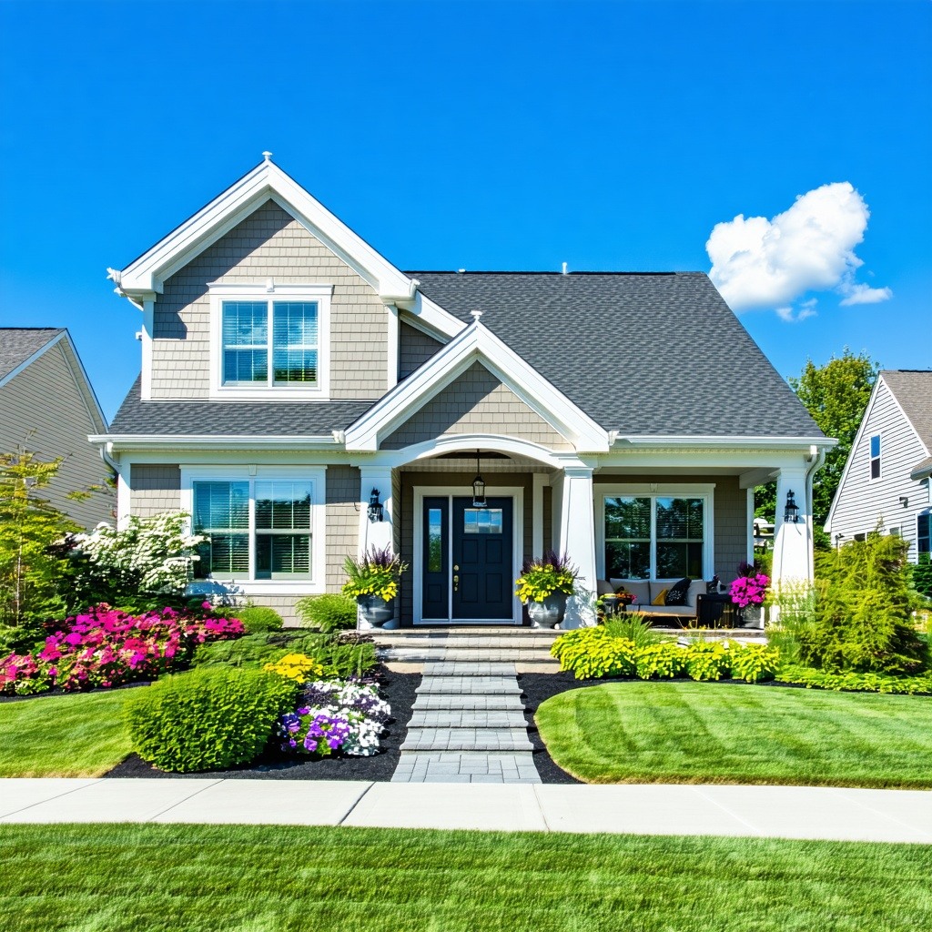 The image depicts a bright inviting home exterior under a clear blue sky The house features modern siding in a warm taupe hue complemented by crisp white trim around the windows and doors A newly installed dark gray asphalt shingle roof crowns the st-1 The image depicts a bright inviting home exterior under a clear blue sky The house features modern siding in a warm taupe hue complemented by crisp white trim around the windows and doors A newly installed dark gray asphalt shingle roof crowns the st-1