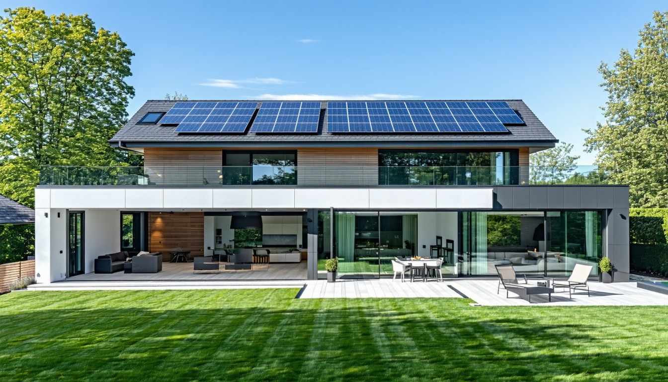 Modern two-story home with rooftop solar panels, large glass doors, and a spacious backyard patio with outdoor seating.