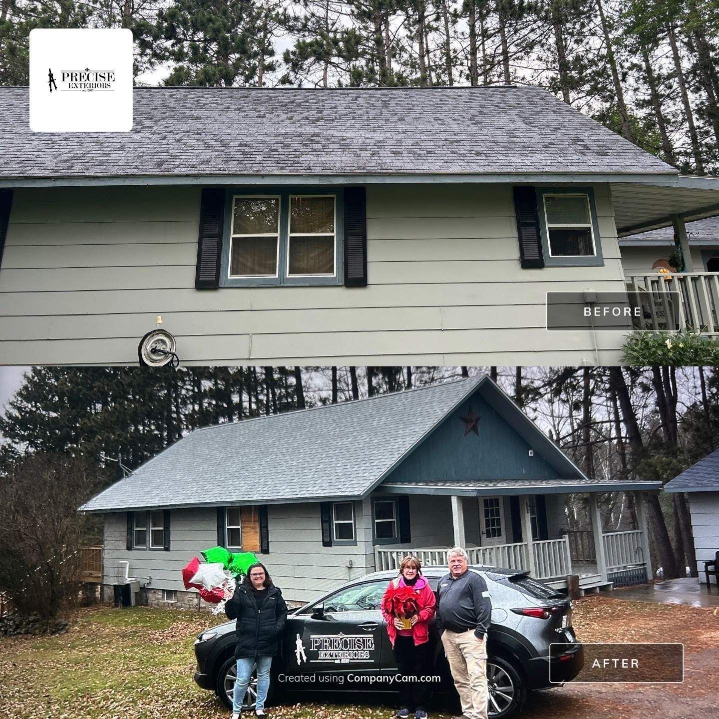 Before and after photos of a roof replacement, showing a newly restored home and happy homeowners with Precise Exteriors team. Before and after photos of a roof replacement, showing a newly restored home and happy homeowners with Precise Exteriors team.